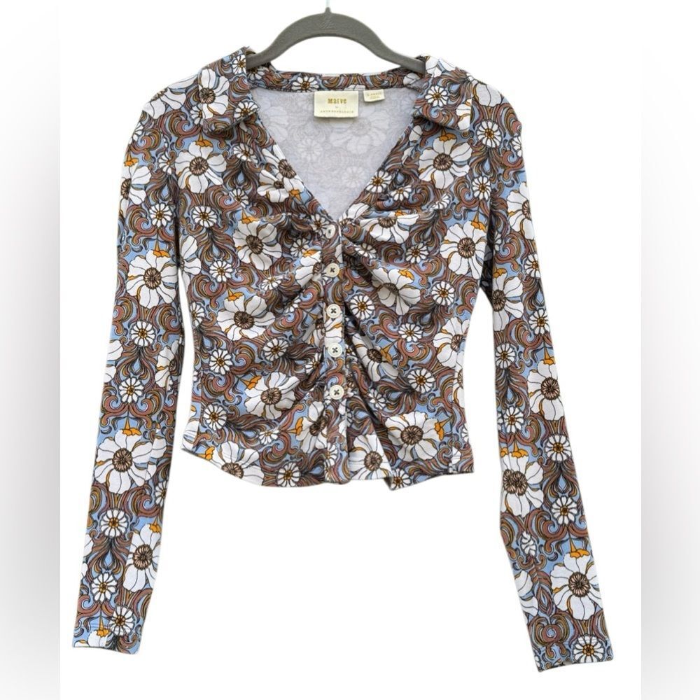 Maeve Anthropologie Women's Floral Ruched Retro 70's V-Neck Top Size XS - Picture 3 of 6